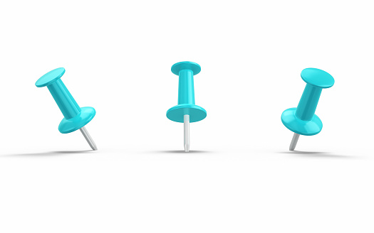 3d Render Turquoise Push Pins on White Background Clipping path, Can be used for reminder and note paper concept. (İsolated on white and Clipping path)