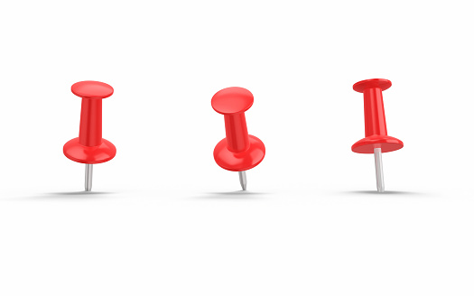 3d Render Red Push Pins on White Background Clipping path, Can be used for reminder and note paper concept. (İsolated on white and Clipping path)