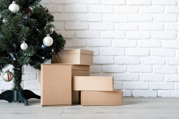 istock Christmas tree and craft gift boxes. Mockup design 1447699032