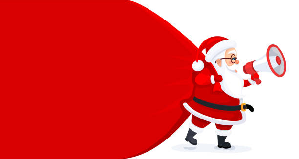 ilustrações, clipart, desenhos animados e ícones de papai noel com uma bolsa enorme entregando presentes. bandeira de natal com saco de presente do papai noel. - santa claus audio