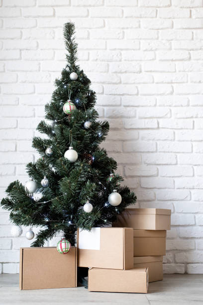 istock Christmas tree and craft gift boxes. Mockup design 1447700797