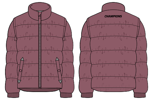 Down puffa Hoodie jacket design flat sketch Illustration, Padded Hooded jacket with front and back view, Soft shell winter jacket for Men and women for outerwear in winter.