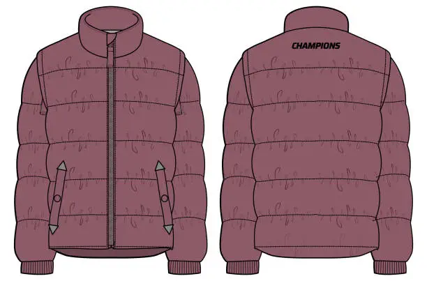 Vector illustration of Down puffa Hoodie jacket design flat sketch Illustration, Padded Hooded jacket with front and back view, Soft shell winter jacket for Men and women for outerwear in winter.