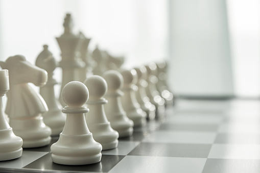 Set with wooden chess pieces on white background. Banner design