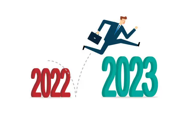 Vector illustration of Businessman jumping over 2023 hurdles