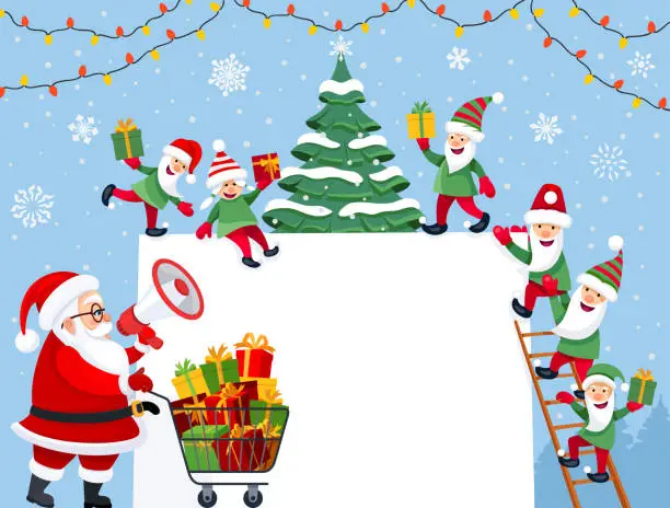 Vector illustration of Santa Claus using a megaphone. Santa Claus character with shopping cart full of gift boxes. Santa Claus and his helpers. Happy elves.