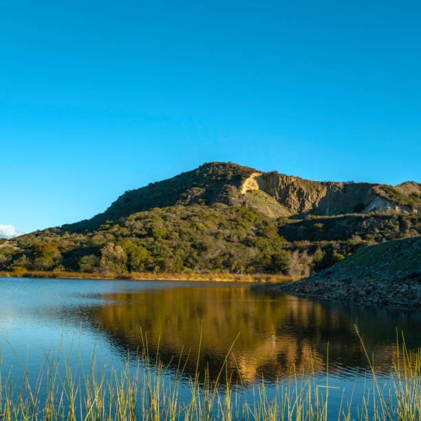 Lake Calaveras, volcanic Mt. Calavera, aqua plants, water reflections, tranquil landscape in Carlsbad, Southern California, USA