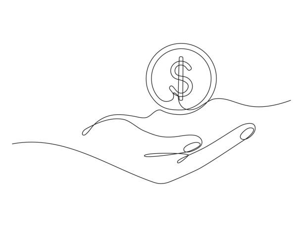 コインを持つ手持ちの連続した1本の線画アート。 - finance drawing sketch currency symbol点のイラスト素材／クリップアート素材／マンガ素材／アイコン素材