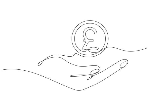 ilustraciones, imágenes clip art, dibujos animados e iconos de stock de mano sosteniendo moneda de libra esterlina continua una línea. - pound symbol illustrations