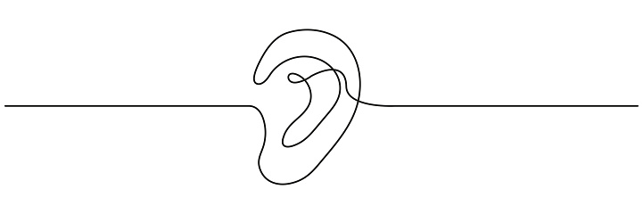 Ear continuous one line drawn. Hand drawn outline hear symbol. Vector illustration isolated on white.