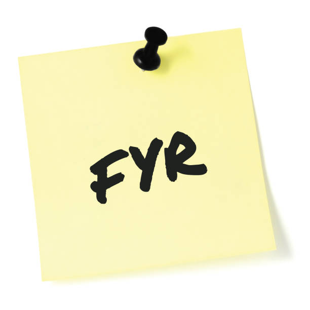 For your reference acronym FYR black marker business initialism, advice report, actionable info forwarding concept, isolated yellow post-it sticky adhesive note abbreviation sticker pushpin thumbtack macro closeup, large document reminder letter message