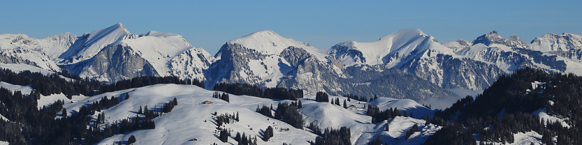 Snow covered mountain range in the Bernese Oberland.