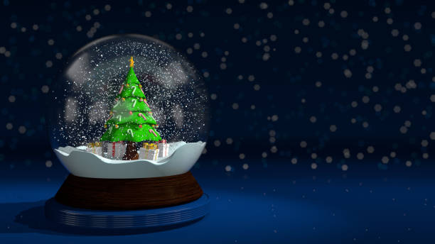 istock Christmas tree decorated with light bulbs and candy canes surrounded by gift boxes on snow inside a glass ball with wooden base against a blue defocused background. 3d Illustration 1447713212