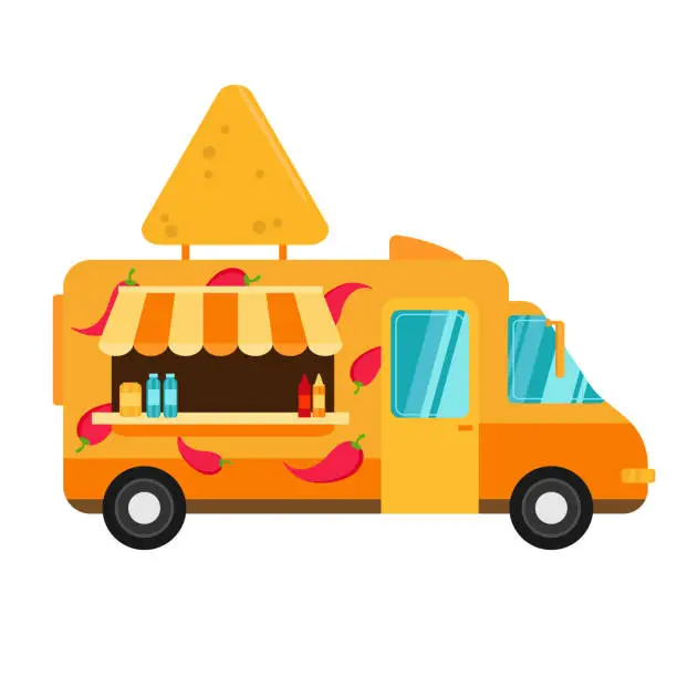 Vector illustration of Food truck for Mexican nachos fast delivery service or summer food festival