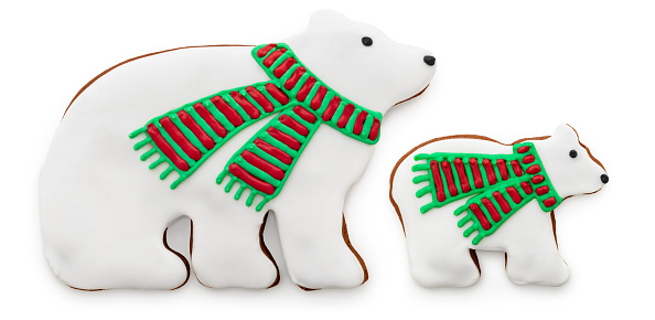 Christmas Cookies. \nGingerbread polar bear cookies. \nParent and cub. \nIsolated on white.