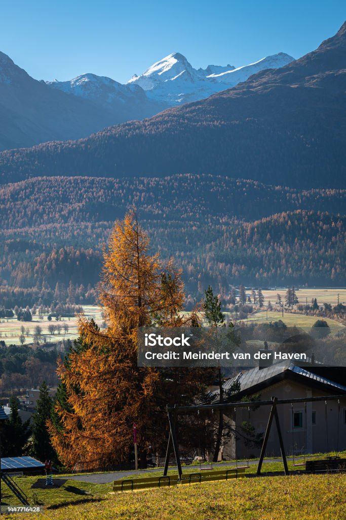 Magnificent views of the Engadin valley, Switzerland Scenic view of the Engadin valley from the town of Samedan in Canton of Graubünden, Switzerland. Autumn Stock Photo