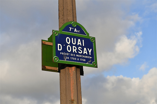 Paris, France-12 07 2022: The Quai d'Orsay street name sign in Paris, France.