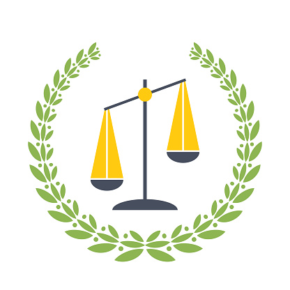 Stylish color illustration with scales of justice inside a laurel wreath.