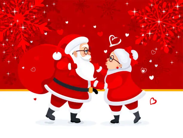 Vector illustration of Santa Claus and Mrs. Funny Kiss. Pure Love. Christmas Card. Christmas Background.