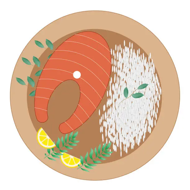 Vector illustration of Illustration of a bowl of salmon and rice, top view. Vector stock illustration for fast food restaurant menu with healthy, bio, organic dishes.