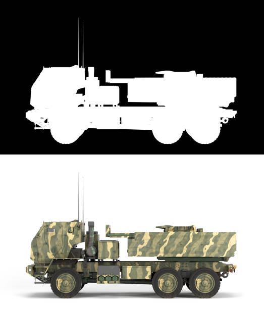 3dレンダリングmlrsハイマーズ高機動砲兵ロケットシステムアルファと白地にウクライナの土地リース - mlrs ストックフォトと画像