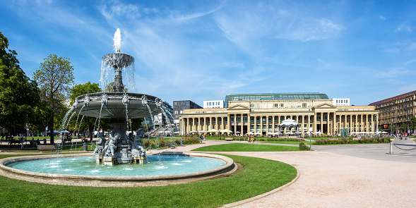 Stuttgart city town Castle square Schlossplatz with fountain travel panorama in Germany