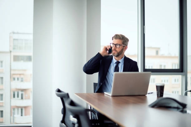 istock Executive middle aged businessman having a call and using laptop while working at the office 1447731609