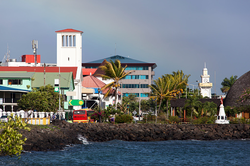 The morning view of Apia downtown with a clock tower, the capital of Samoa.