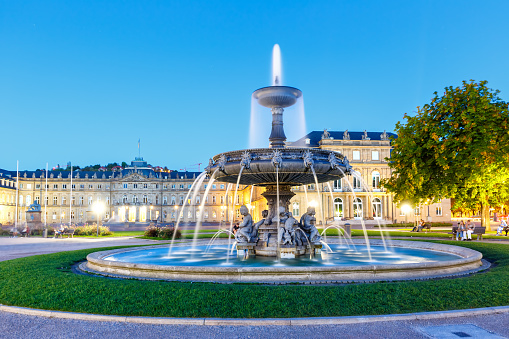 Stuttgart Castle square Schlossplatz Neues Schloss with fountain travel at twilight city in Germany