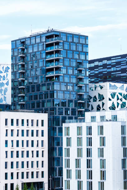 Oslo skyline modern city town architecture real estate office buildings at Barcode District portrait format in Norway