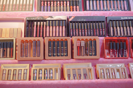 Large group of beauty products as lipsticks and eyeliners on night market in Bangkok Nawamin, Market is HUAMUM market.