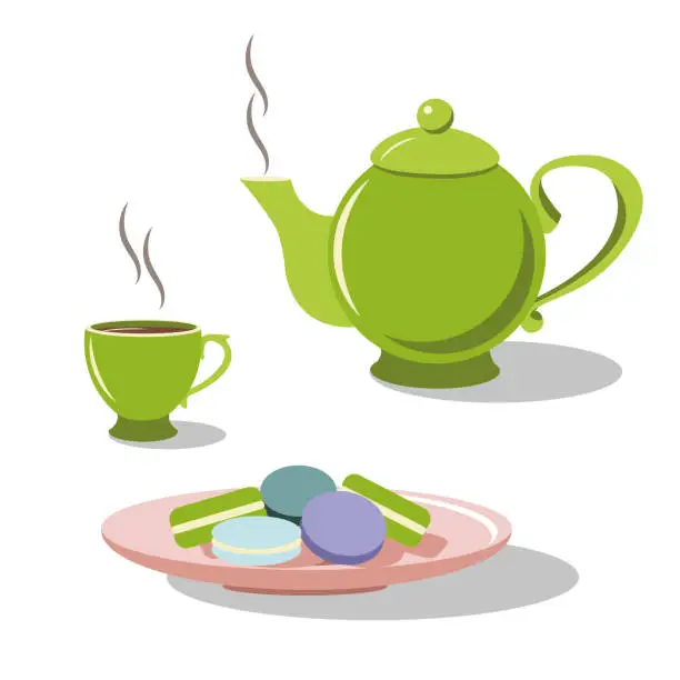 Vector illustration of Ceramic teapot with hot tea, cup with tea and steam, plate with dessert, macaroons