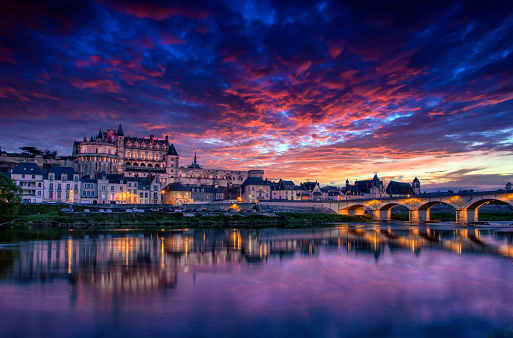The royal Chateau at Amboise and ancient bridge in the Loire Valley in France.