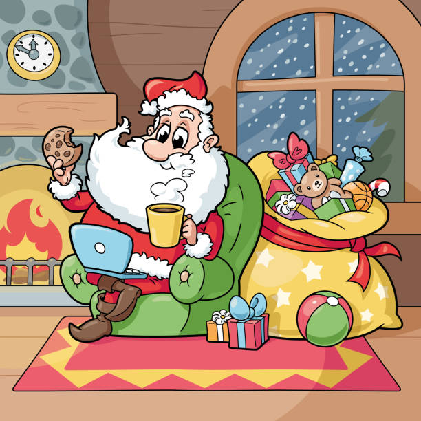 ilustrações, clipart, desenhos animados e ícones de papai noel com laptop sentado junto à lareira - mail cheerful new surprise