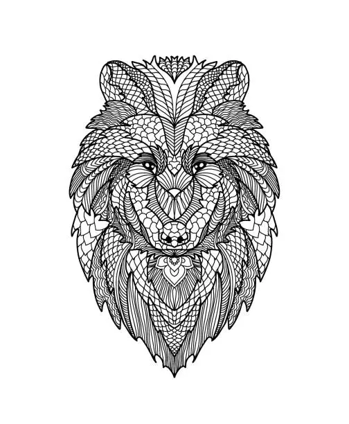 Vector illustration of coloring book, sitting wolf face filled with various patterns