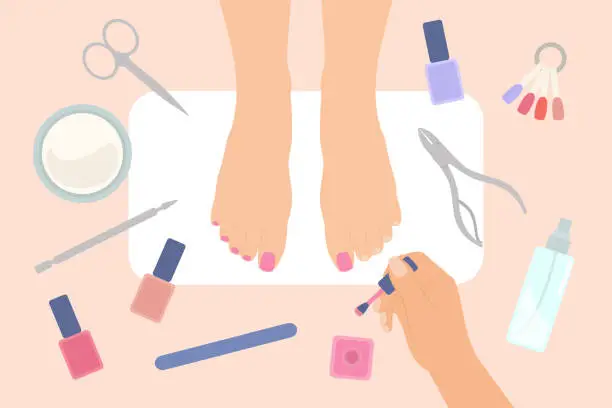 Vector illustration of Top View Of Female Feet In Nail Salon. Female Hands Applying Nail Polish On Toenails. Nail Care Concept