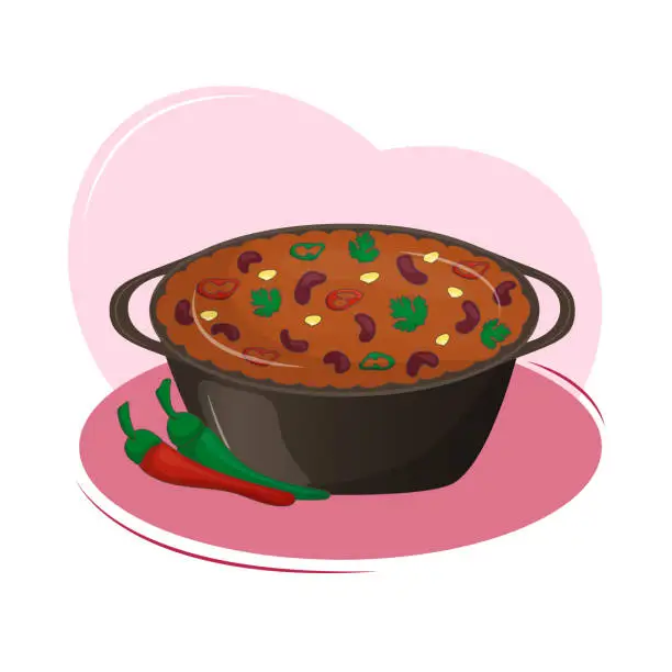 Vector illustration of Mexican food is a spicy dish with meat and beans chili con carne in cast iron pot. Traditional Latin American cuisine. Vector illustration. Cartoon.