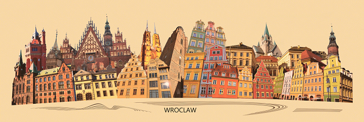 European city in art collage or design in modern contemporary retro style - Wroclaw at Poland