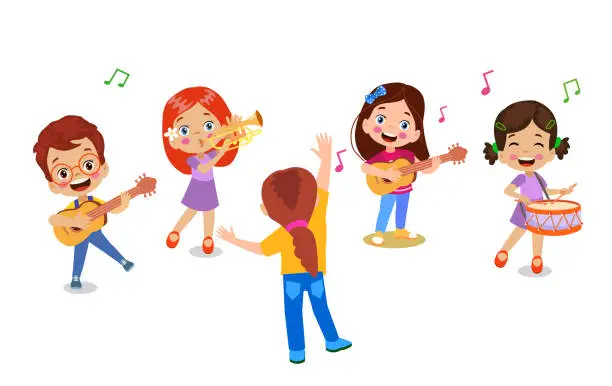 Vector illustration of happy children playing instruments and singing