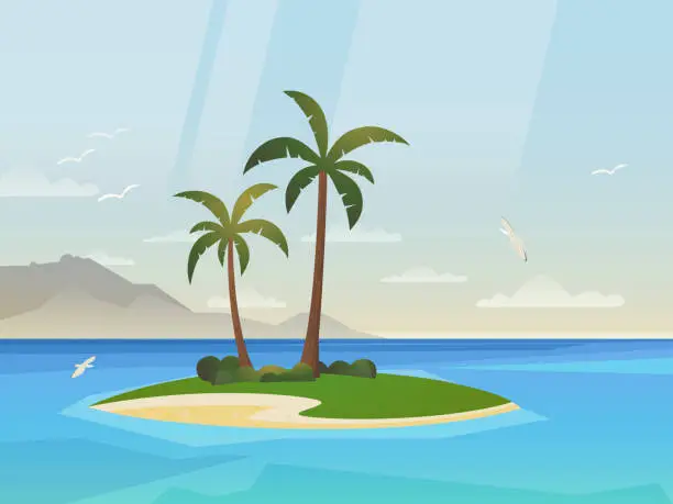 Vector illustration of Island with palm, sea or ocean summer beach coast