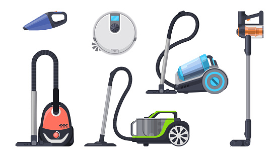 Vacuum cleaners, electric robot hoover, vector home cleaning appliances. Vacuum cleaner with washing mop and broom, carpet cleaning machines, handheld and vacuum cleaner models