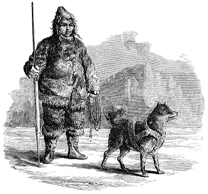 Inuit man seal hunting with a hunting dog on Baffin Island, Canada. Vintage etching circa 19th century.