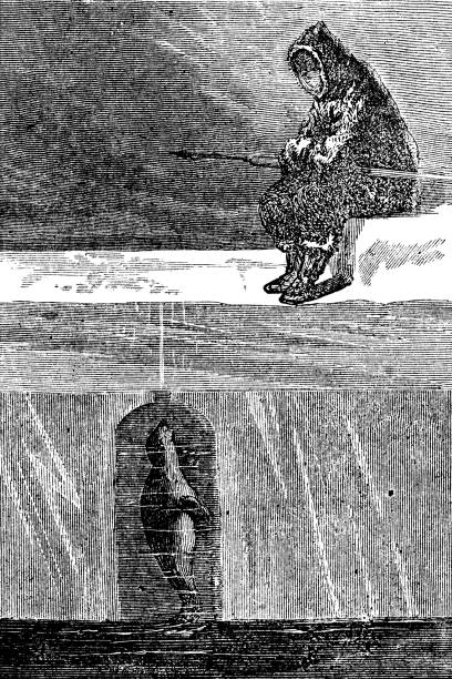ilustrações, clipart, desenhos animados e ícones de homem inuit caça foca por um buraco de respiração no gelo na ilha de baffin, canadá - século 19 - 19th hole