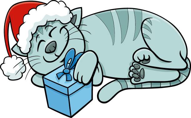 illustrations, cliparts, dessins animés et icônes de chat ou chaton de dessin animé avec cadeau à noël - comic book animal pets kitten