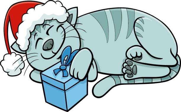 ilustrações, clipart, desenhos animados e ícones de gato dos desenhos animados ou gatinho com presente na época do natal - comic book animal pets kitten