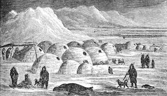 Inuit igloo winter village on Baffin Island, Canada. Vintage etching circa 19th century.