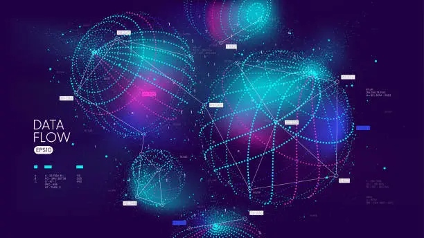 Vector illustration of Analysis and sorting digital database, visualization of big data in the form of spheres, conceptual cyberspace of global network, vector illustration futuristic technology