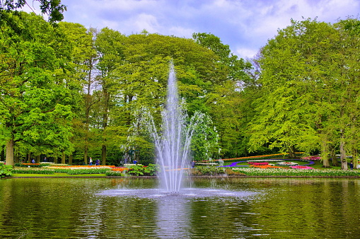 Fountain in the pond with green trees, Keukenhof Park, Lisse in Holland.