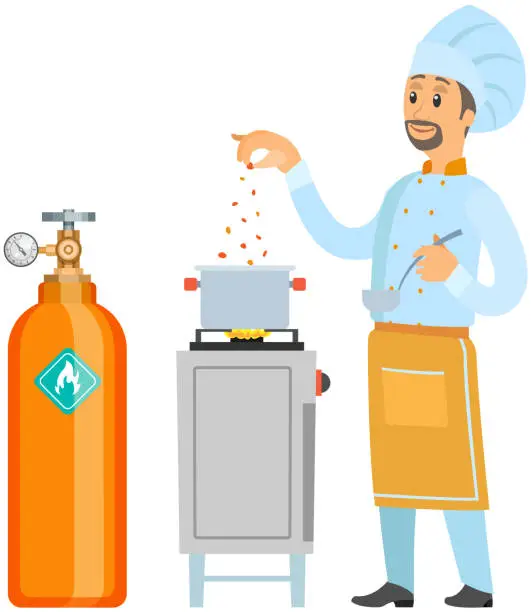 Vector illustration of Chef using stove with burners for cooking powered by gas supplied from container with substance