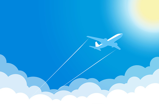 White plane in blue sky flies above clouds towards hot sun. Vector background